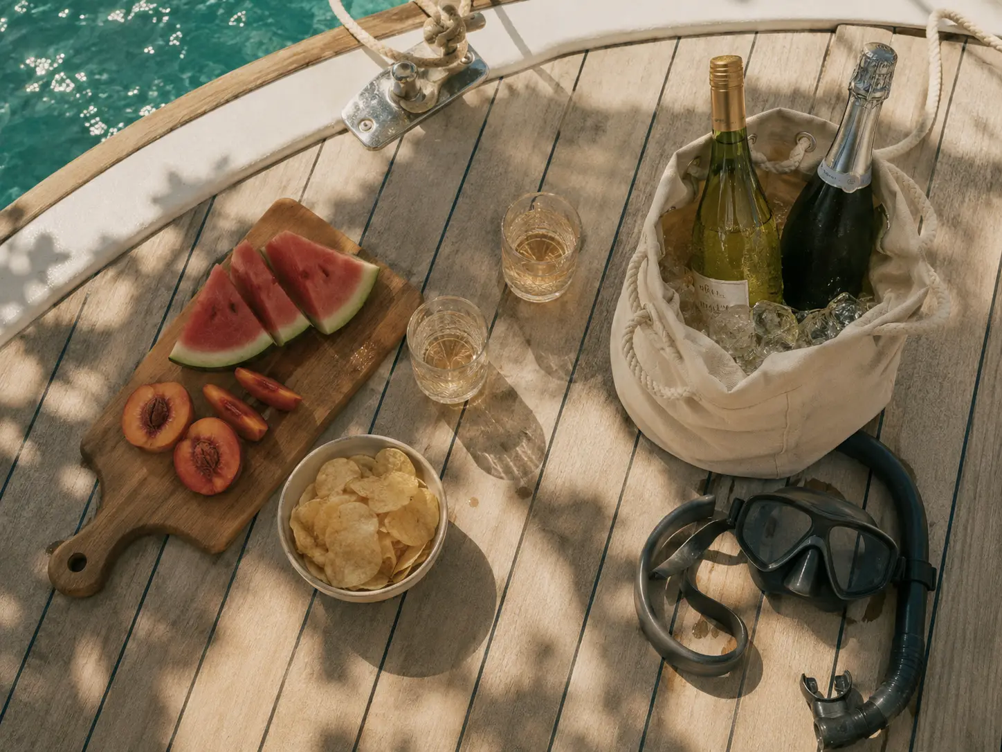 Frutta fresca, patatine, vino, prosecco e maschere da snorkeling disposti sul ponte della barca