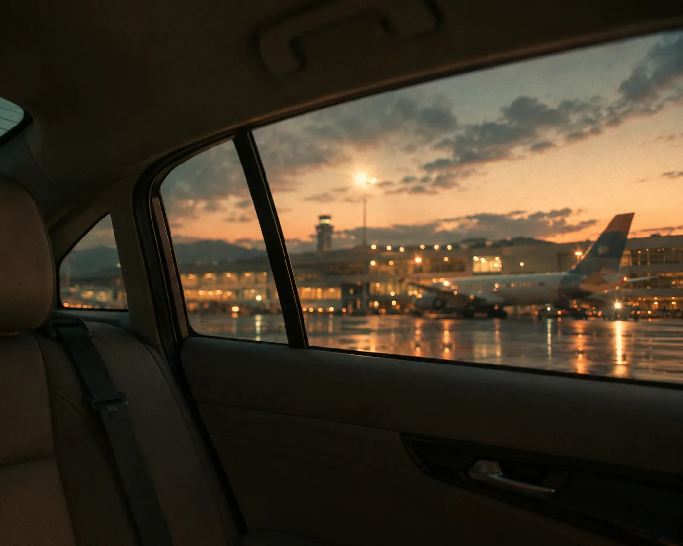 Vista dal finestrino di un'auto verso l'aeroporto di Palermo al tramonto